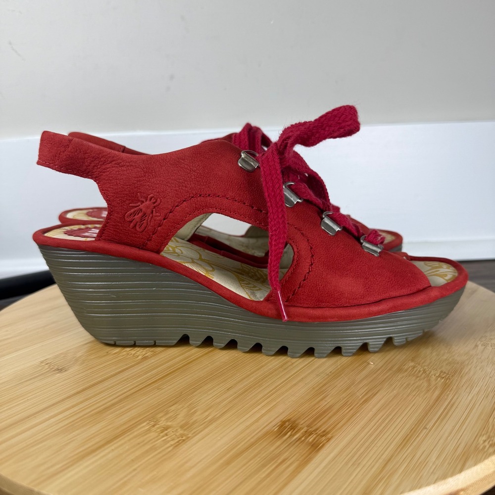 Fly London Yala Wedge Sandals Women 38 Red Suede Lace Up Platform Festival Comfy